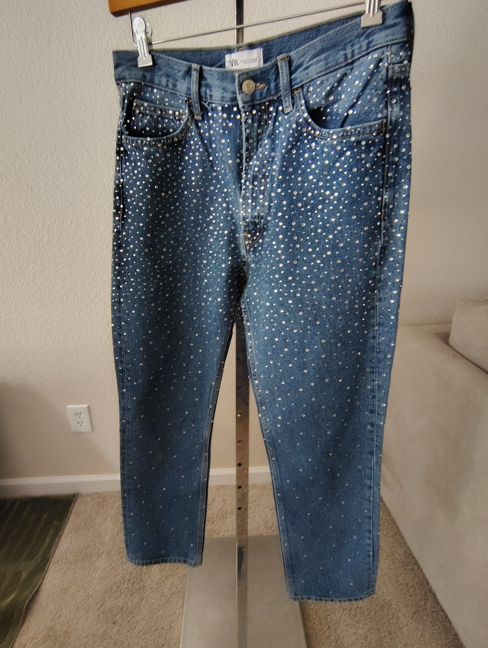 ZARA Denim Straight Blue Rhinestone Size 8 Womans